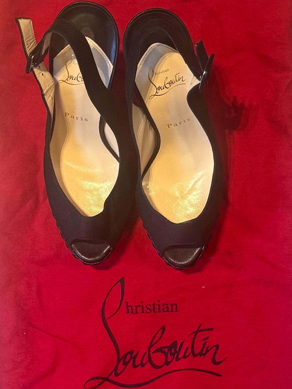 Christian Louboutin Indiana Canvas Slingback Black Platform Pumps with peep-toe